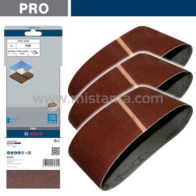 Taśma szlifierska 100x620 mm GR. 80 BOSCH PRO - zestaw 3 szt.