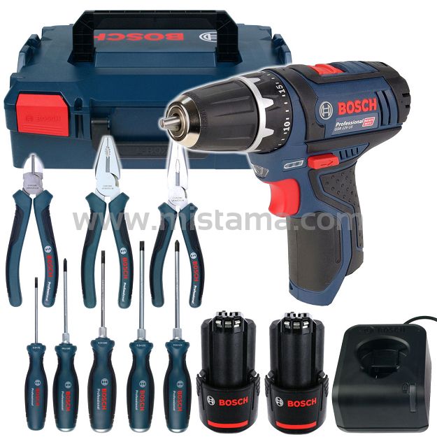 Wkrętarka 30Nm GSR 12V-15 BOSCH L-BOXX 2x2,0Ah + zestaw narzędzi ręcznych