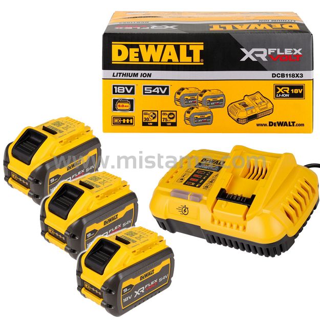Zestaw 3x akumulator 18V 9Ah / 54V 3Ah DCB118X3 FLEXVOLT + ładowarka DeWALT