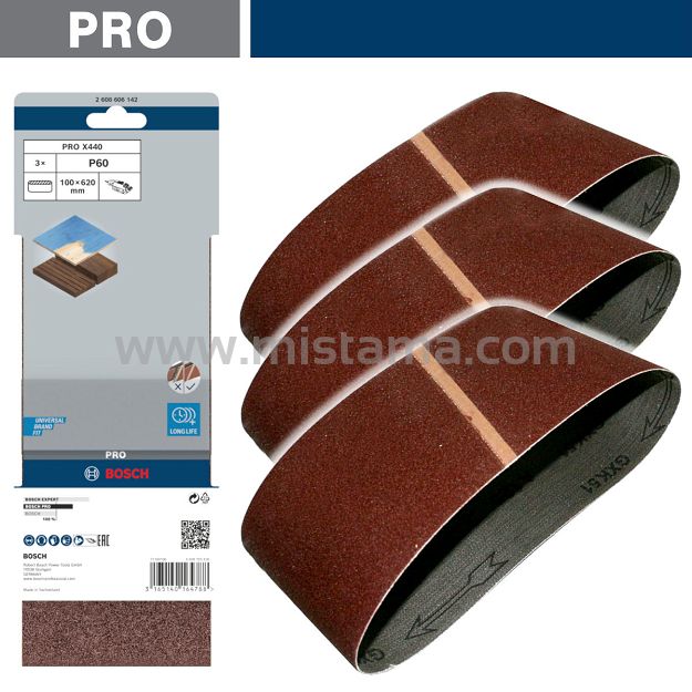 Taśma szlifierska 100x620 mm GR. 60 BOSCH PRO - zestaw 3 szt.