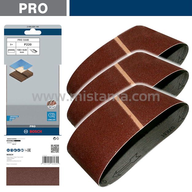 Taśma szlifierska 100x620 mm GR. 220 BOSCH PRO - zestaw 3 szt.