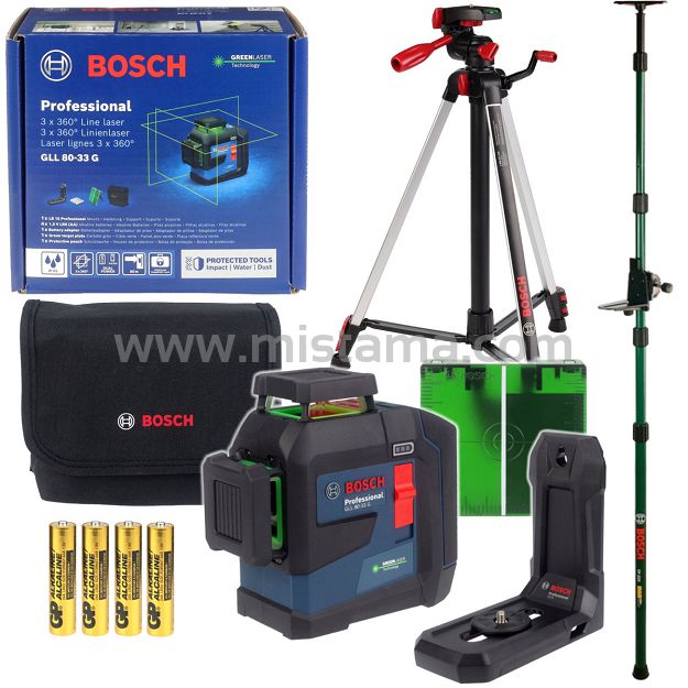 Laser krzyżowy 360° GLL 80-33 G BOSCH + statyw TT 150 + uchwyt + tyczka