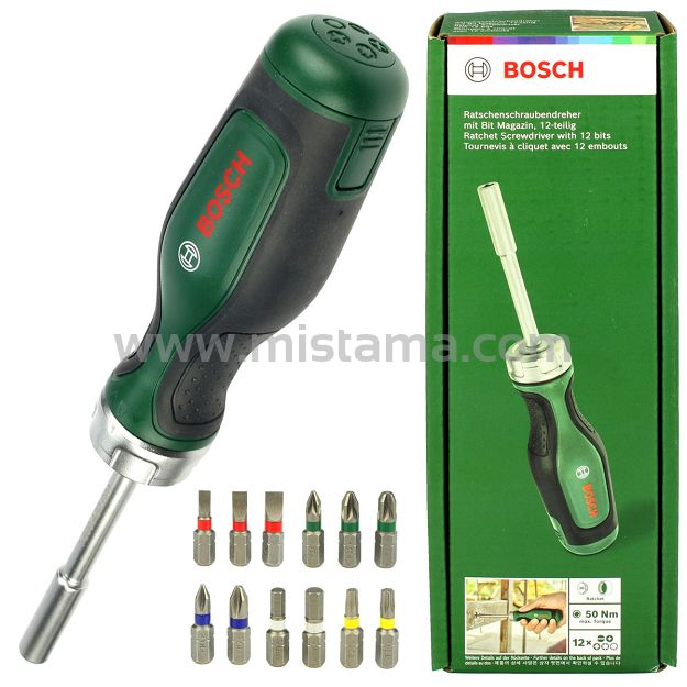 Wkrętak ręczny z grzechotką + 12 bitów BOSCH
