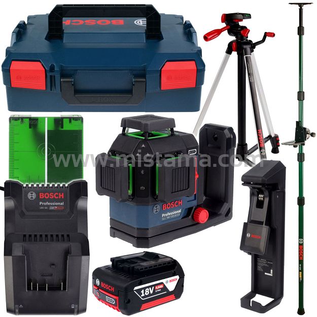 Laser krzyżowy GLL 18V-120-33 CG BOSCH 1x4,0Ah + statyw TT 150 + uchwyt + tyczka