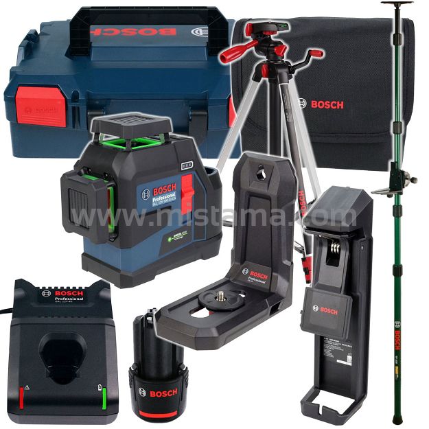 Laser krzyżowy GLL 12V-100-33 CG BOSCH 1x2,0Ah + statyw + uchwyt + tyczka