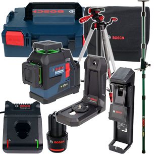 Laser krzyżowy GLL 12V-100-33 CG BOSCH 1x2,0Ah + statyw + uchwyt + tyczka
