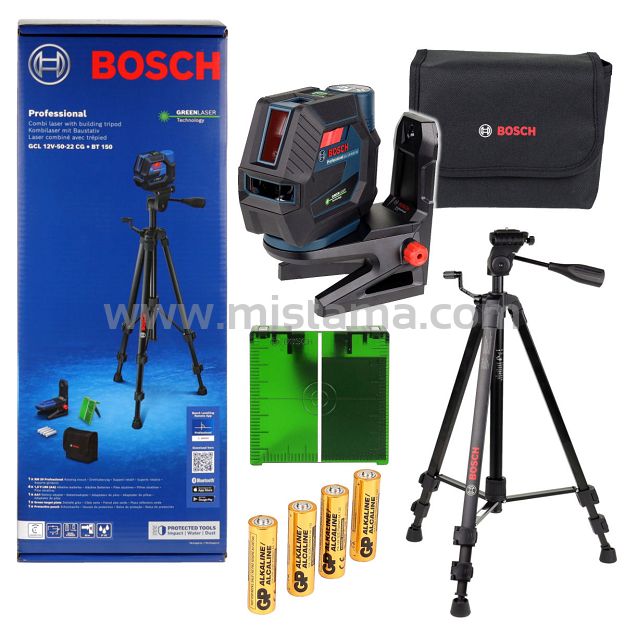 Laser krzyżowy GCL 12V-50-22 CG BOSCH + uchwyt RM20 + statyw BT 150