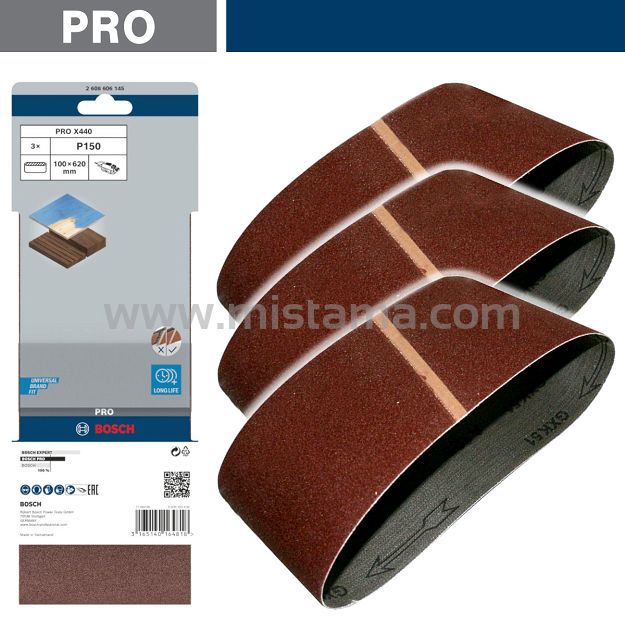 Taśma szlifierska 100x620 mm GR. 150 BOSCH PRO - zestaw 3 szt.